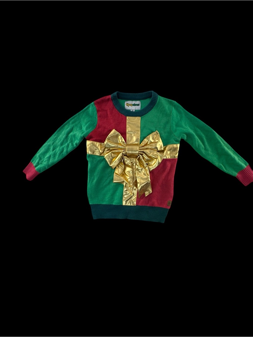 Tipsy Elves Green & Red Sweater with Metallic Gold Bow